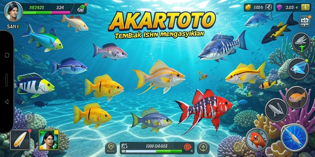 Gameplay seru dalam AKARTOTO yang penuh dengan aksi menembak ikan.
