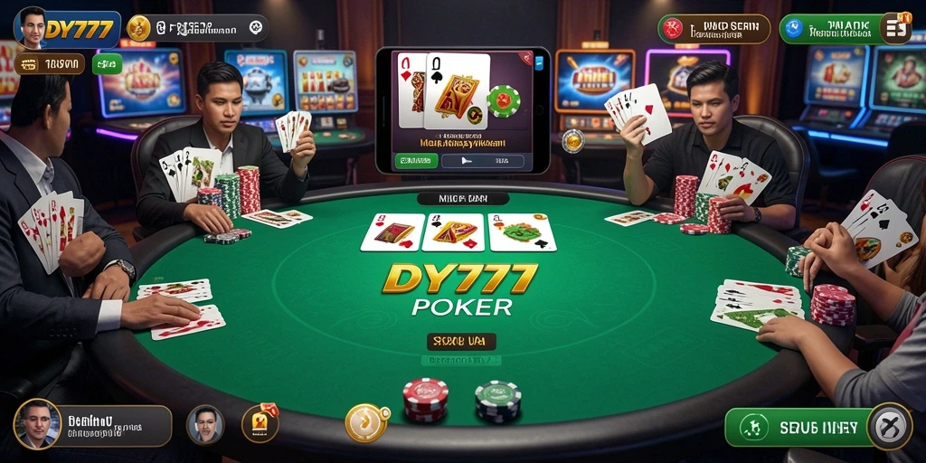 Tampilan gameplay seru dari DY777 dengan pemain poker aktif.