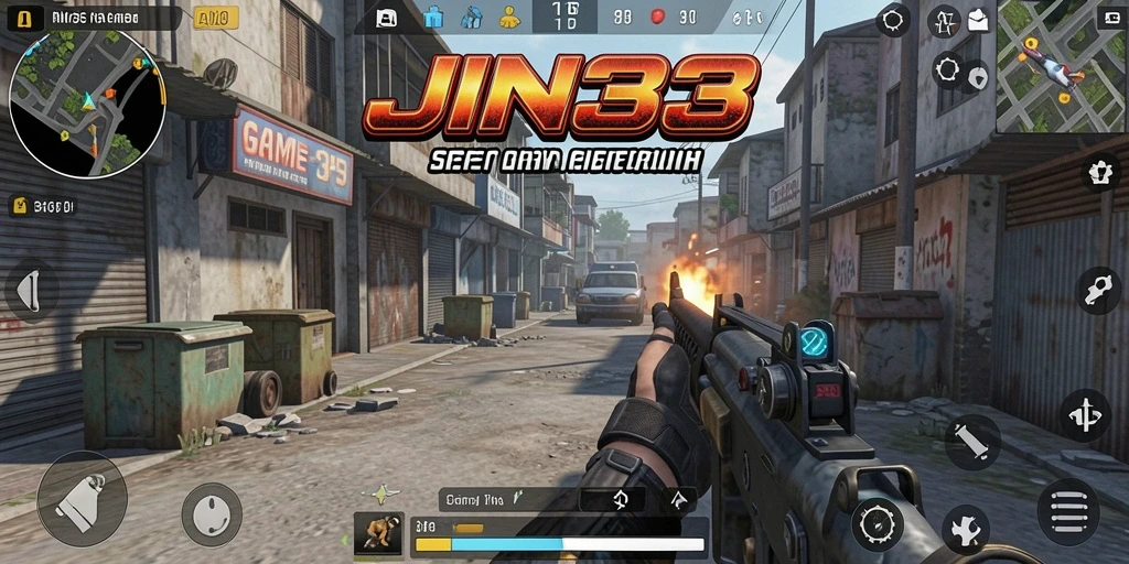Screenshot utama JIN33 menampilkan aksi gameplay TPS yang mendebarkan.