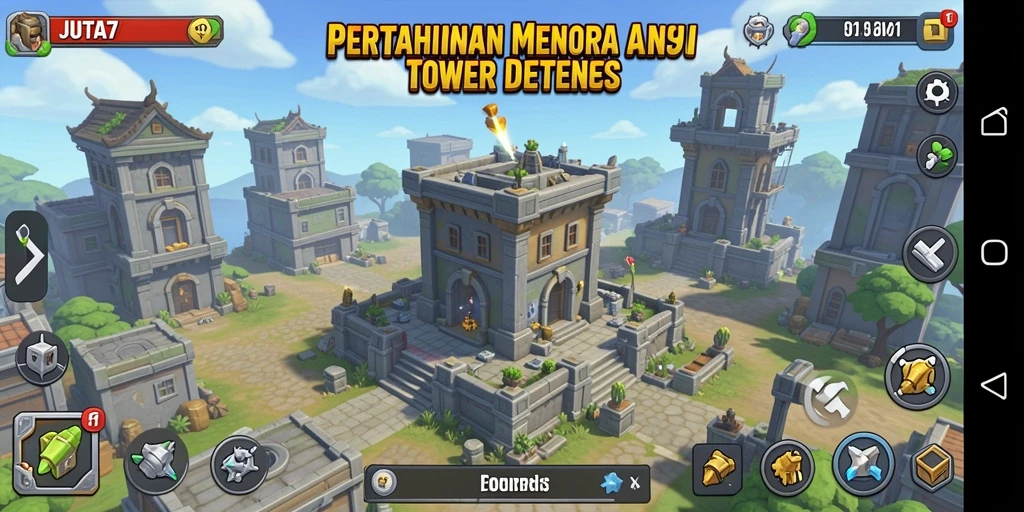 Gameplay JUTA7 yang mendebarkan dalam tower defense dengan menara yang beragam.