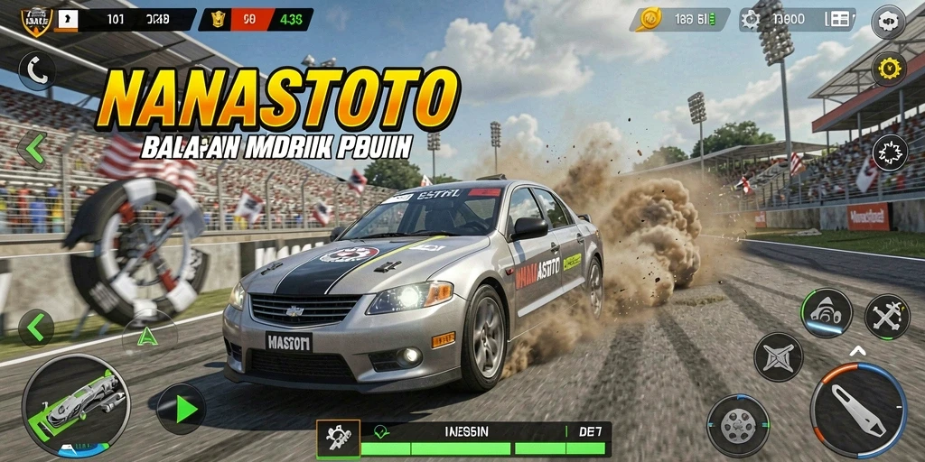 Screenshot gameplay NANASTOTO menampilkan mobil balap yang melaju kencang di trek menantang.