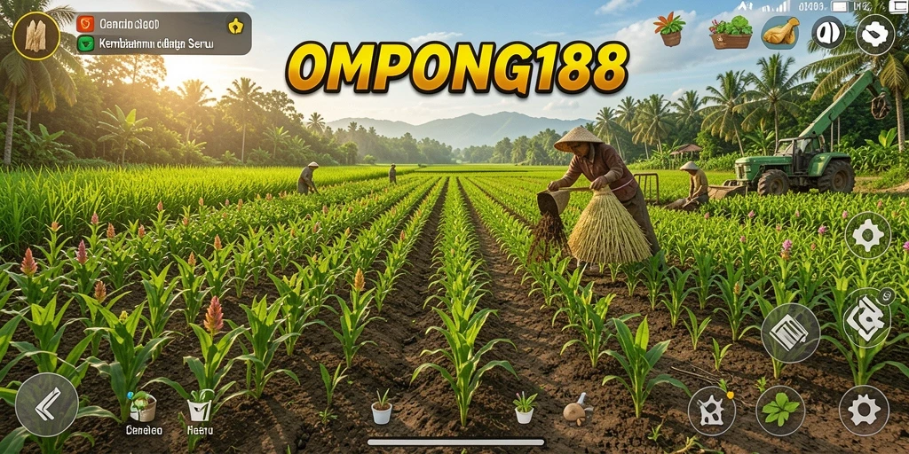 Screenshot gameplay OMPONG188 menampilkan kebun yang indah dan hewan ternak.