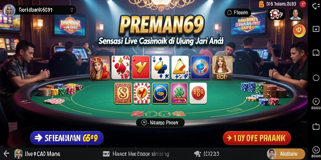 Screenshot menunjukkan dealer langsung dan suasana bermain yang seru di PREMAN69.